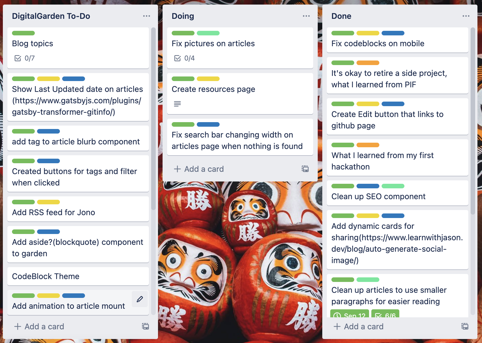 Screenshot of the Trello board I use for my digital garden which includes a To-do, doing, and done column with tickets