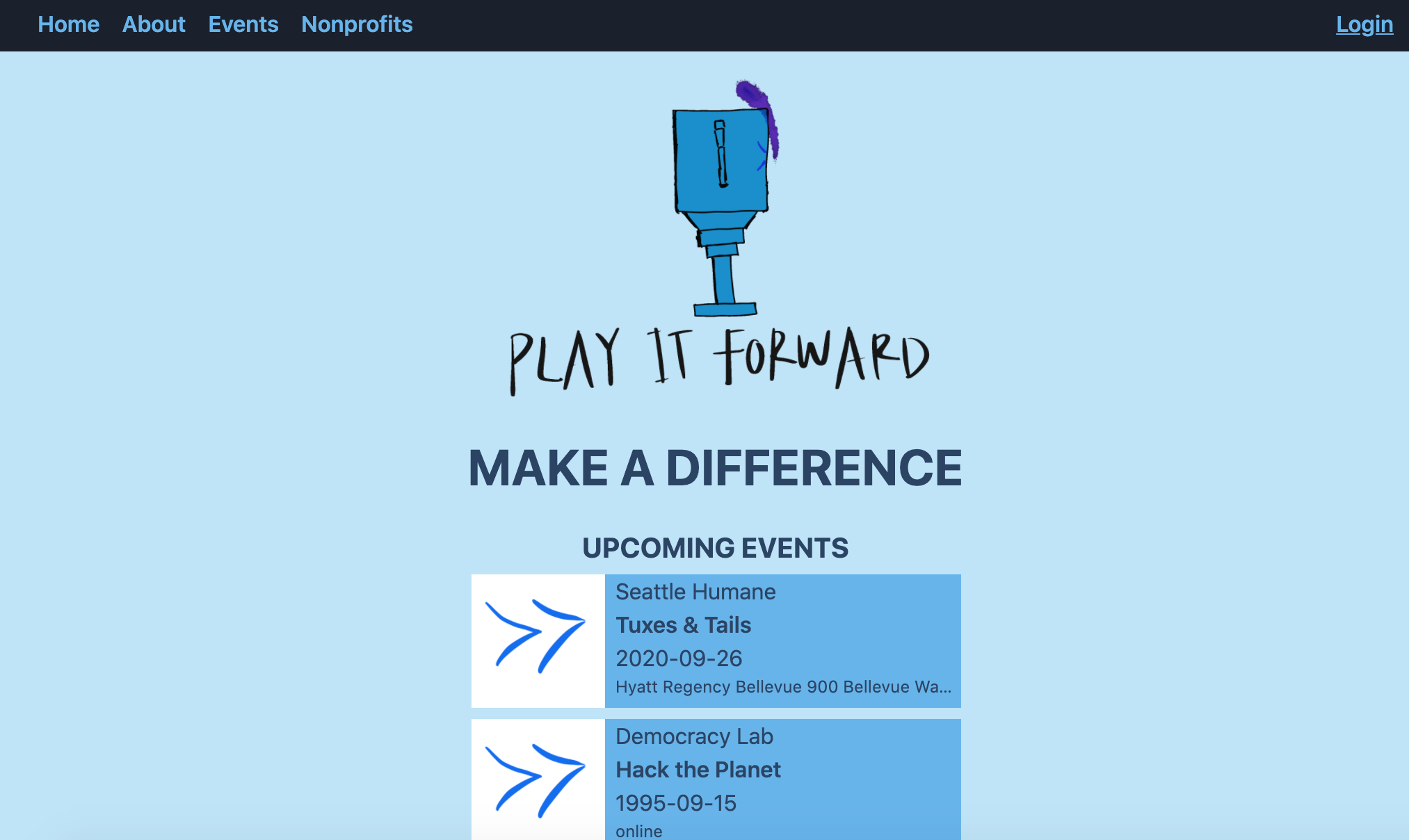 PIF's landing page which includes a nav bar, logo, and events with title, date, location, and the nonprofit