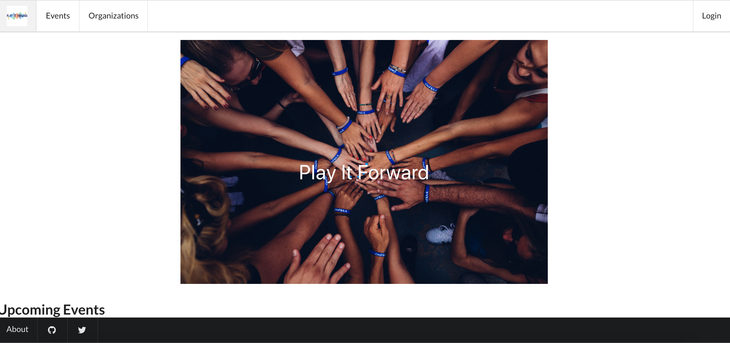 My Mod 4 PlayItForward homepage with banner image, nav bar, and footer